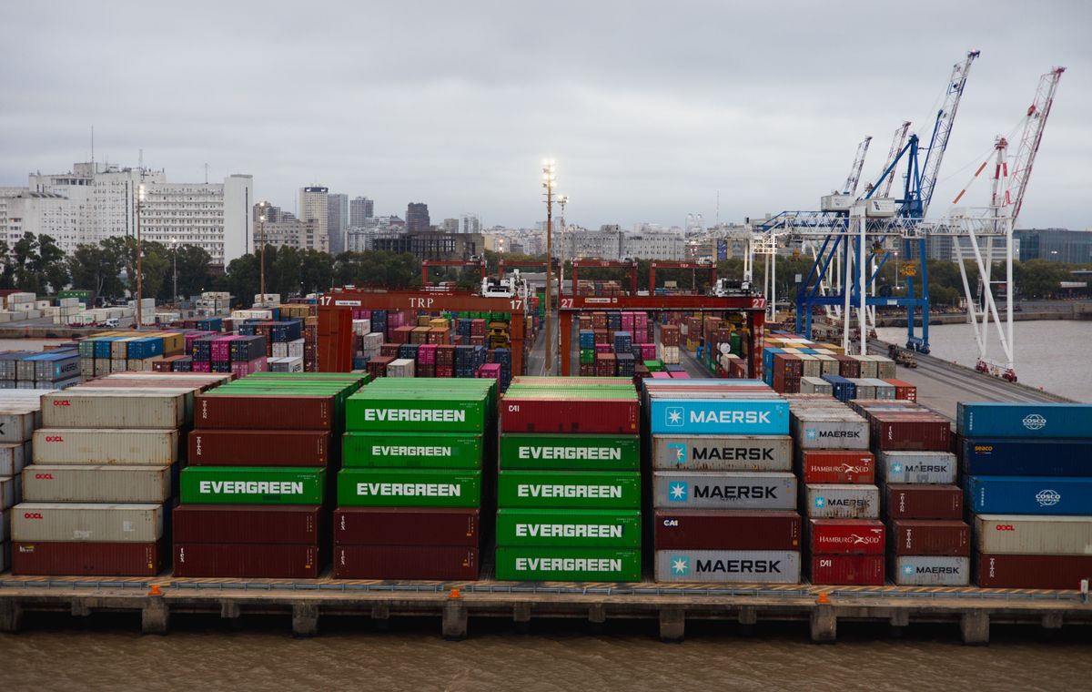 Cargo containers arranged at an international port terminal